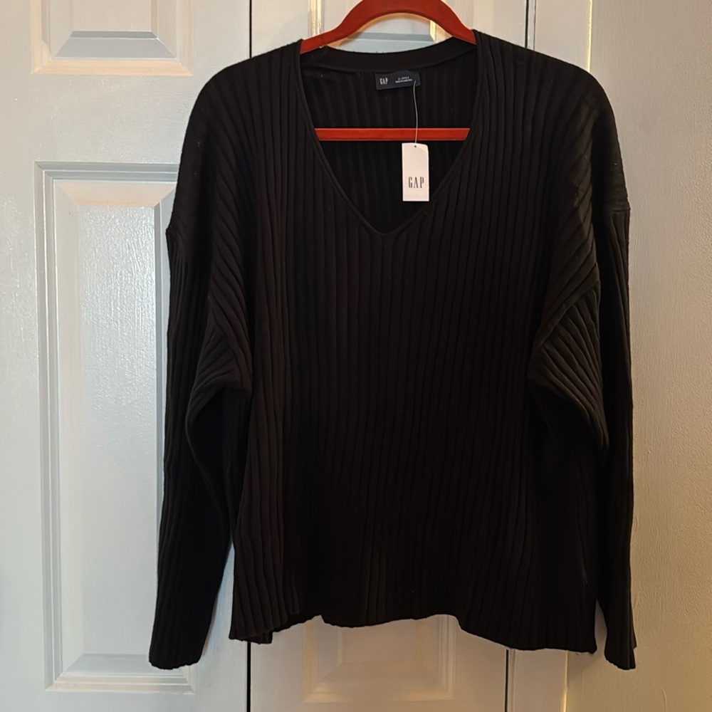 NWT Gap Black CashSoft Wide Rib V-Neck Sweater, size XL